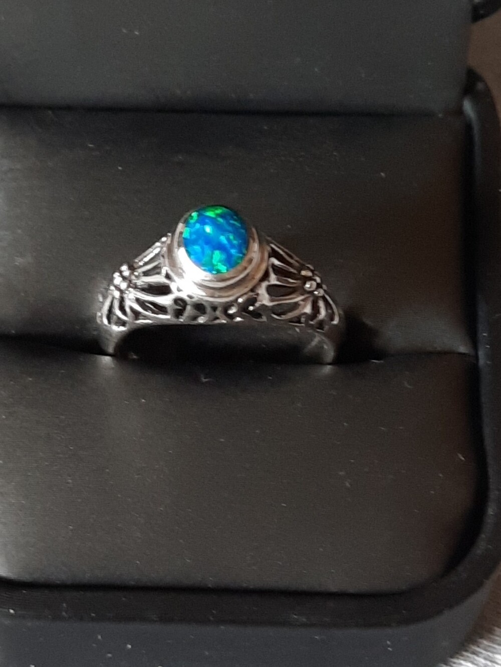 Sterling Silver Blue-Green Opal Filigree Ring